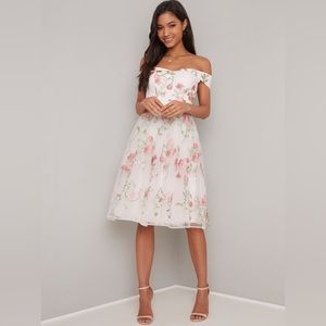 Chi Chi London Pink Bardot Lace Embroidered Overlay Midi Dress